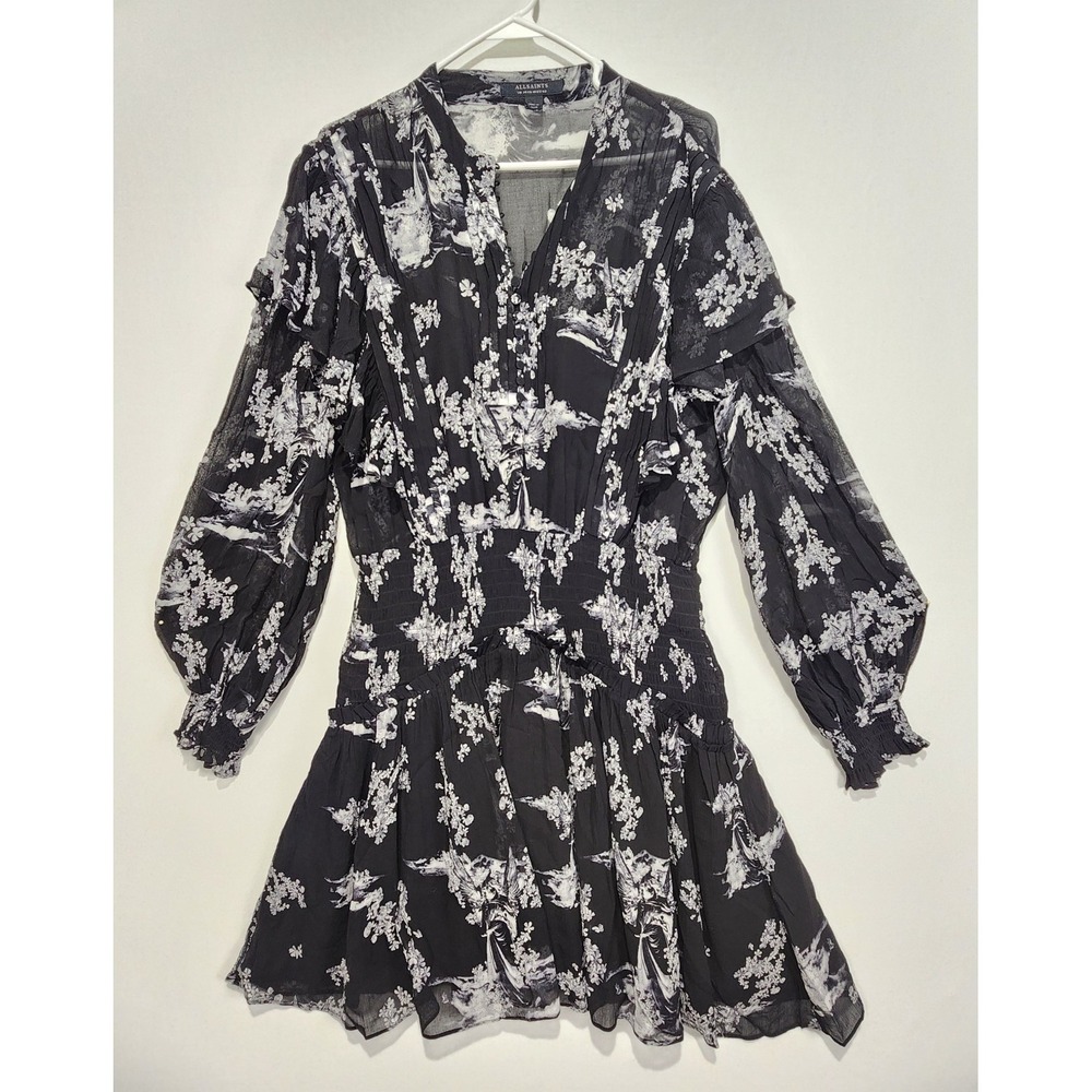 All Saints Aubrey Women's Black/White Sheer Frill Floral Mini Dress Size  10